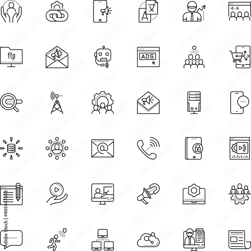 Fototapeta premium communication vector icon set such as: translation, smart, share, e-mail, care, coach, hosting, alert, developer, services, headlines, cooperation, connectivity, chart, data aggregation, force