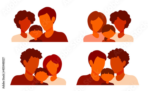 Family avatars. Heterosexual and homosexual parents with one child. Multiethnic, multiracial couple portrait. Gay men, lesbian women. Vector cartoon illustration.