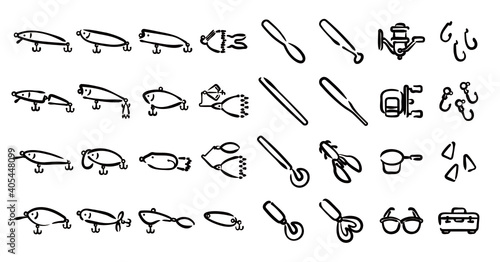 Angling and Fishing Lure Icon set (Hand-drawn line version)