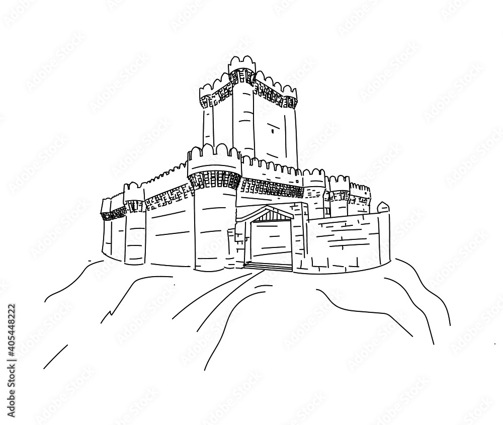 Detailed square Castle on the rock, mountain clean line vector illustration
