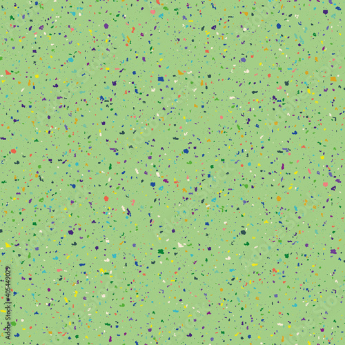 Vector dense terrazzo pattern seamless background. Green backdrop of multicolor coarse grained stone granite particles. Abstract igneous rock texture of mineral crystals. Elegant stone surface repeat