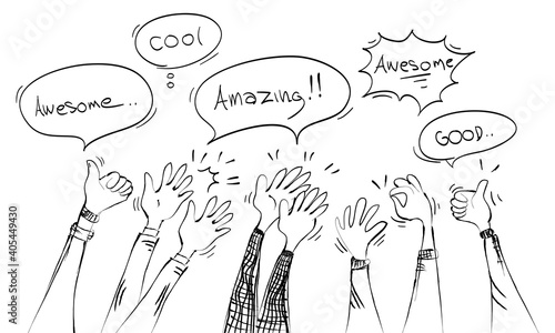 doodle hands up. hands applause, thumbs up and with speech bubble "good, cool, awesome, amazing". vector illustration
