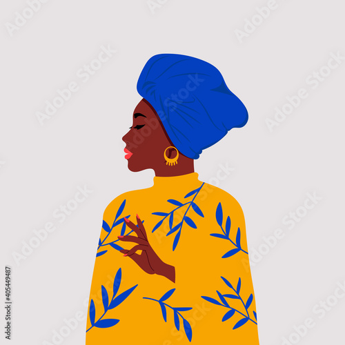 African woman side profile wearing a head wrap called gele. International women's day clip art. Flat vector design. photo