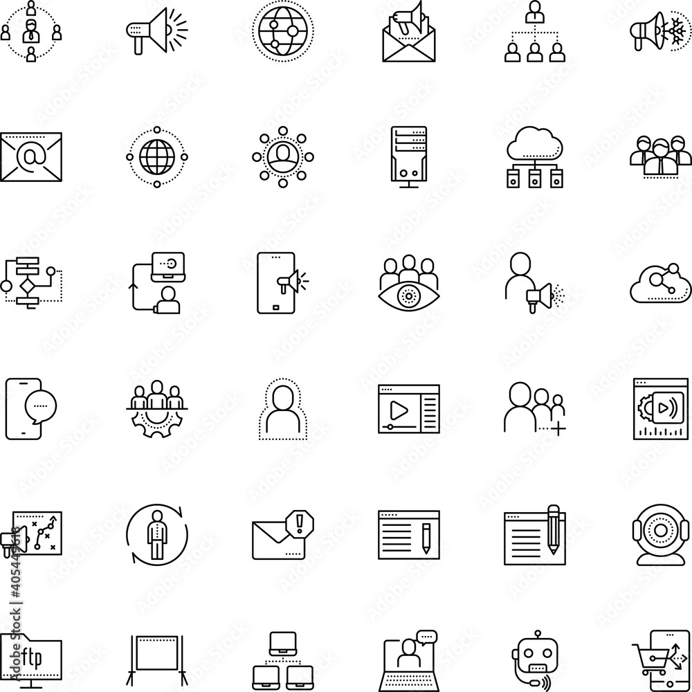 communication vector icon set such as: streaming, bot, board, register, camera, page, society, machine, e-commerce, employee, panel, objective, professional, security, search, algorithm, robot