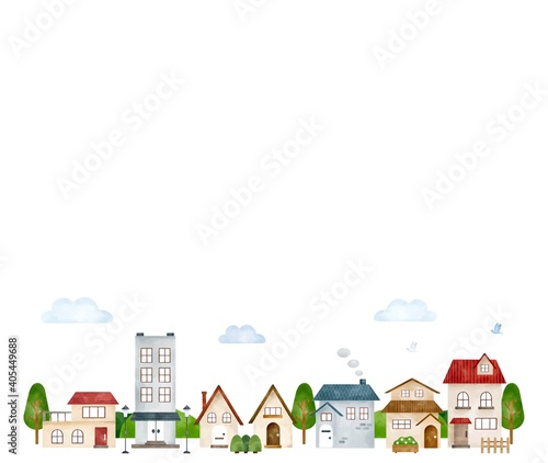 夏の街並み　コピースペース　水彩風ベクターイラスト