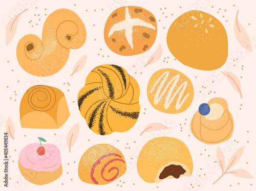 Cute vector set of fragrant buns with various fillings. 