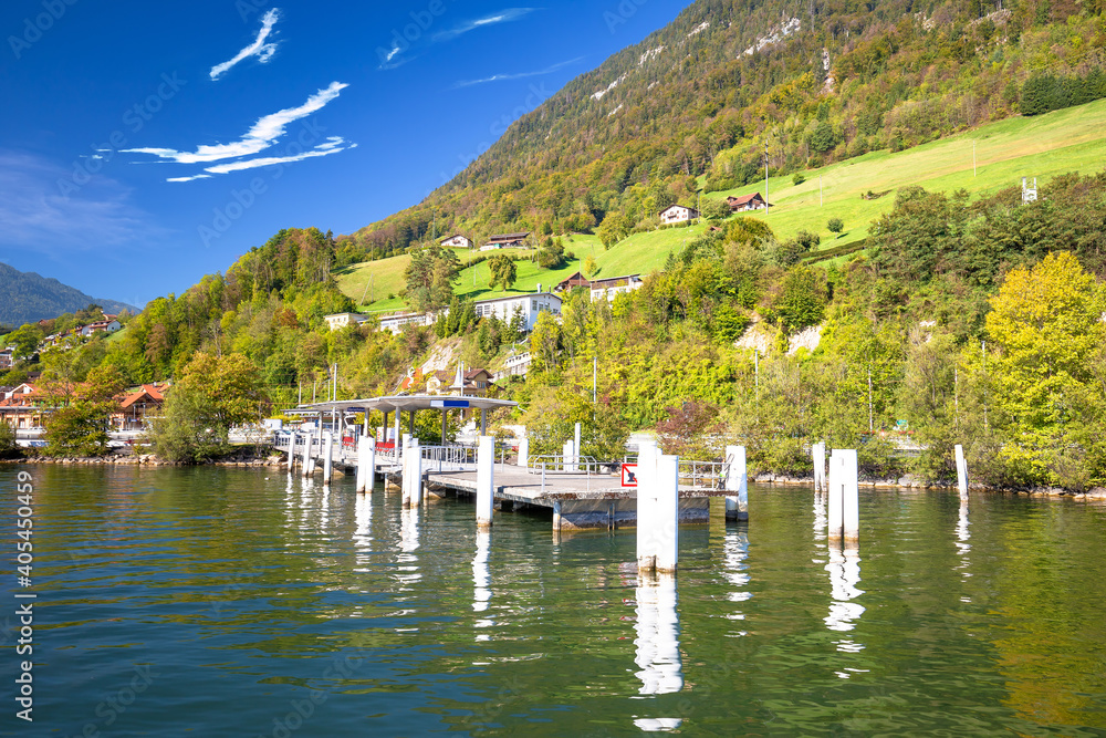 Alpnachstad Swiss Alps village on Luzern lake boat pier and landscape view