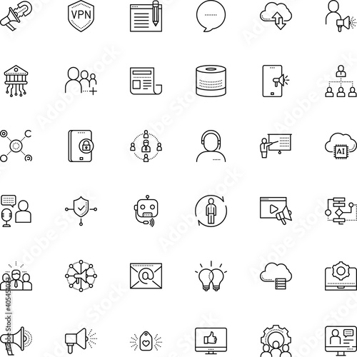 communication vector icon set such as: chatbot, engine, layout, broadcast, padlock, headset, inbound, campaign, identity, satisfaction, black, bank, volume, payment, letter, eps, step, compliance