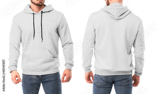 bearded man wears white hoodie back and front. isolated photo of man in white sweatshirt