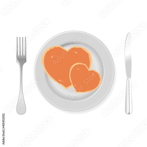 Heart shaped pancakes on a plate, vector art illustration.