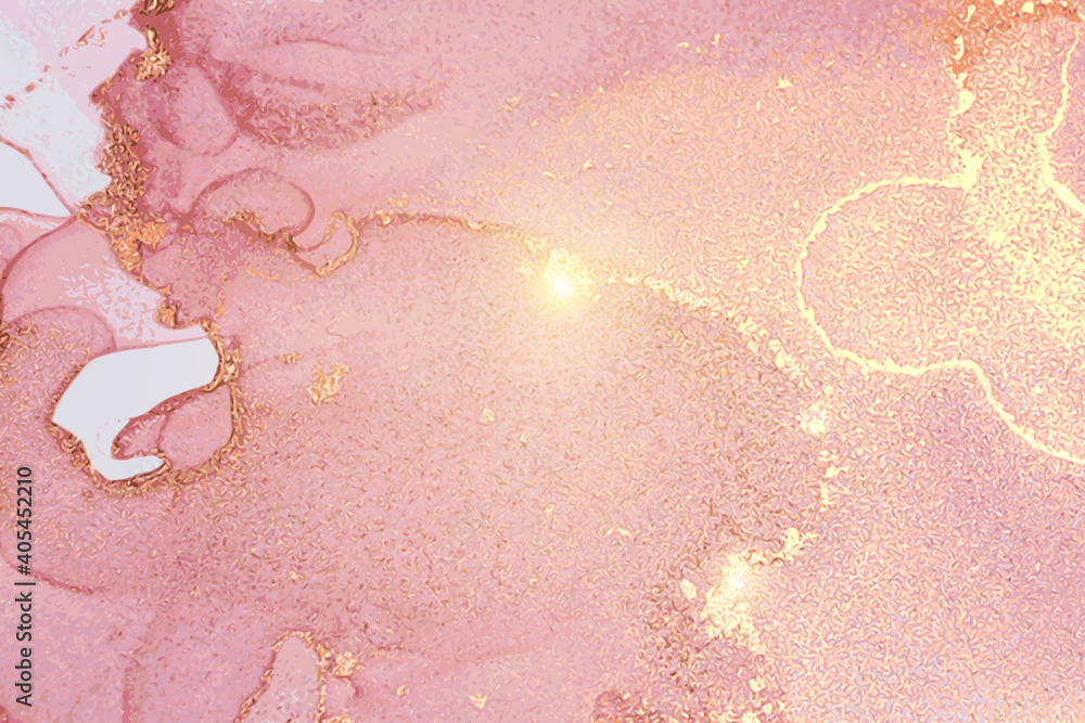 Fototapeta premium Rose and gold pattern with texture of marble and sparkles. Abstract vector background in alcohol ink technique. Modern paint with glitter. Template for banner, poster design. Fluid art painting