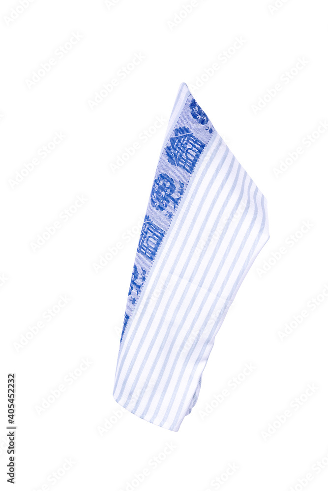 Hanging kitchen towel with white with gray lines isolated on white background. Cooking and cleaning mock up for design Hanging kitchen towel with white with gray lines isolated on white background. Cooking and cleaning mock up for design