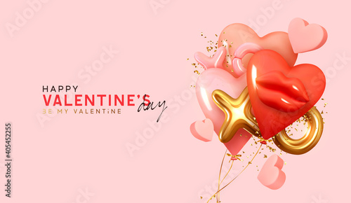 Red balloons in shape of hearts, gold metal text XO XO. Valentine's Day Background. Realistic design with romantic decorative objects in 3d. Bright holiday composition. Vector illustration