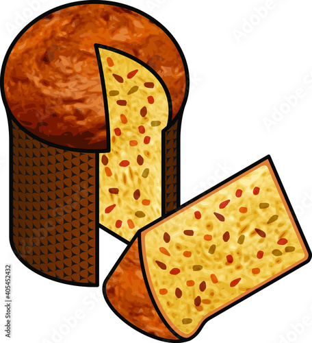 A panettone (Italian sweet christmas bread - sliced to show texture and dried fruit.