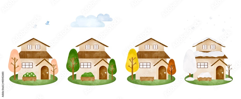 春夏秋冬の景色と建物2 水彩風ベクターイラスト Stock Vector Adobe Stock