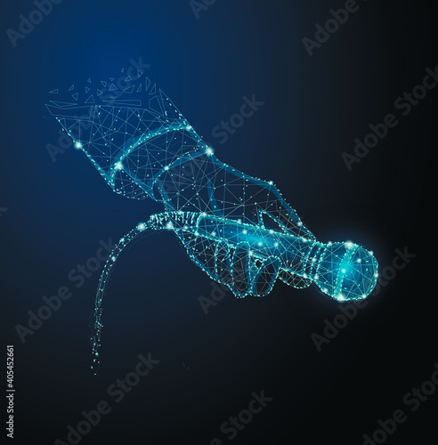 Illustration of Hand holding microphone on blue background. Polygonal blue concept art. 