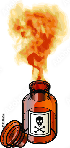 An unstoppered brown glass reagent bottle of poison with brown fumes escaping.