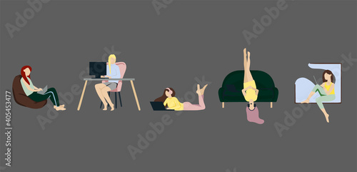 Work from home, home office, freelance, distance education,customer service. Girl with laptop. People at home in quarantine.  During coronavirus self isolation. Set of cute vector illustration.