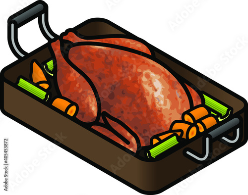 A roast chicken inside a roasting pan with carrots and celery.