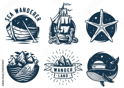Marine print set with sea ship or boat. Octopus, whale and bottle. Monochrome t-shirt nautical apparel design