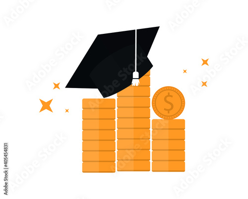 Graduation cost or expensive education or scholarship loan vector, flat line tuition budget or university idea with graduation cap, college tuition fee, profit or earnings.
