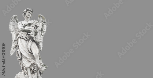 Banner with beautiful holy angel with wings at the Saint Angel bridge isolated at smooth grey background and with copy space for text, Rome, Italy.