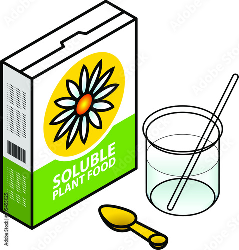 A packet of soluble plant food with a beaker of water and a measuring spoon.