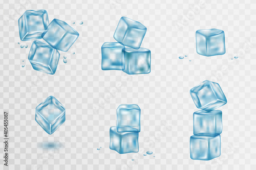 Realistic blue solid ice cubes on transparent background. Blue Ice collection, isolated, refresh.