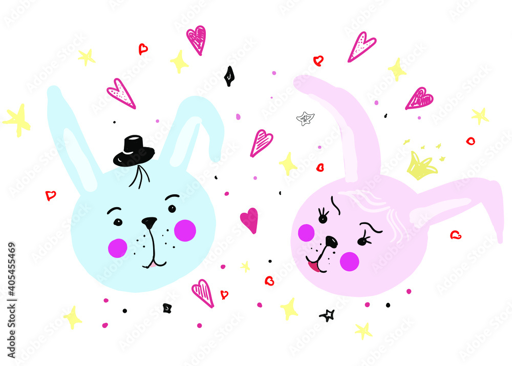 Obraz premium Children's vector illustration in cartoon style. Rabbits in love