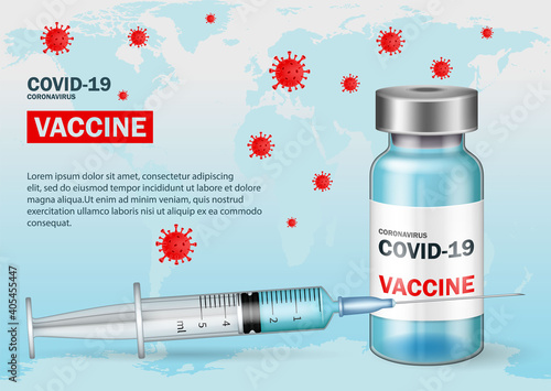 Covid-19 vaccination vector background. Covid19 coronavirus vaccine bottles and syringe injection tools. 3d realistic vector illustration.