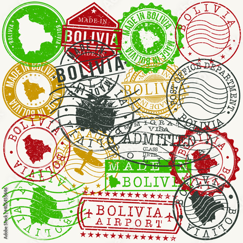Bolivia Set of Stamps. Travel Passport Stamps. Made In Product. Design Seals in Old Style Insignia. Icon Clip Art Vector Collection.