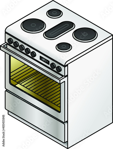 A standalone electric stove with five hot plates, oven and plate warmer.