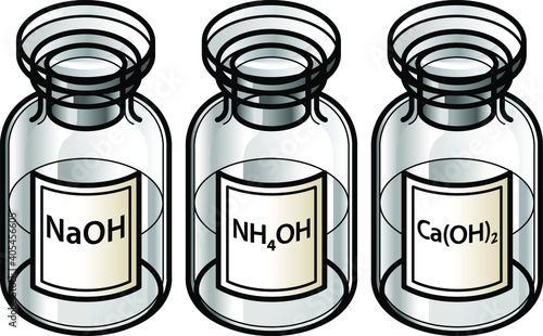 A trio of bases - sodium hydroxide, ammonium hydroxide and calcium hydroxide - in clear glass reagent bottles.