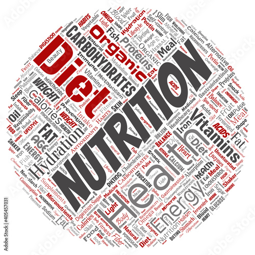 Vector conceptual nutrition health diet round circle red word cloud isolated background. Collage of carbohydrates, vitamins, fat, weight, energy, antioxidants beauty mineral, protein medicine concept