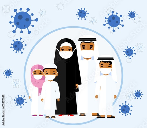 Arab family wearing protective medical mask protect them from COVID 19, coronavirus.