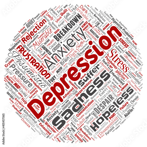 Vector conceptual depression or mental emotional disorder problem round circle red word cloud isolated background. Collage of anxiety sadness, negative sad, despair, unhappy, frustration symptom