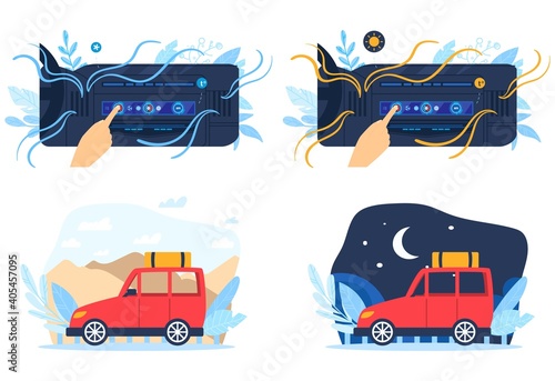 Car air conditioner vector illustration set. Cartoon flat human hand controlling temperature conditions inside auto car, using buttons digital dashboard, air conditioned automobiles isolated on white