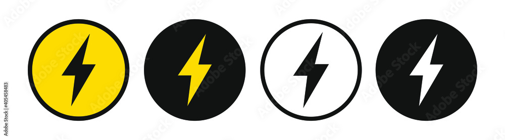 Thunder, electric power logo design element. Energy and thunder electricity symbol concept. Lightning bolt sign in the circle. Flash emblem template. Vector illustration. Thunder, electric power logo design element. Energy and thunder electricity symbol concept. Lightning bolt sign in the circle. Flash emblem template. Vector illustration.