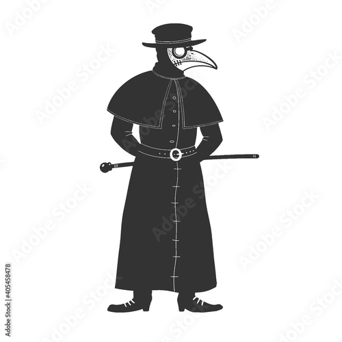 medieval plague doctor sketch engraving vector illustration. T-shirt apparel print design. Scratch board imitation. Black and white hand drawn image.