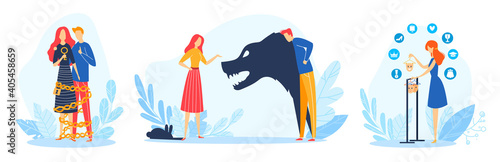 Family problems vector illustration set. Cartoon flat family or couple people in conflict or abusive conflicting relations, angry husband abuse wife, bad problematical relationship isolated on white