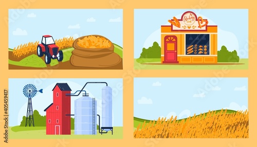 Wheat agriculture product vector illustration set. Cartoon flat farm tractor harvesting wheat grain in rural agricultural farm field for flour milling industry and production of cereal bread in bakery