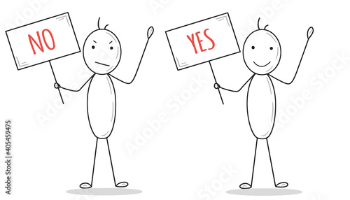 Elections choise yes no. Stick people with poster: happy person with red yes, and sad arguing person with no. Reject or accept position. Simple stickman drawing with grey. red and black colors.