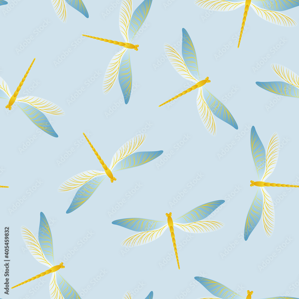 Dragonfly colorful seamless pattern. Repeating clothes textile print with darning-needle insects.