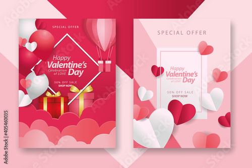 Valentine's day concept posters set with red 3d and pink paper hearts and frame on geometric background. Cute love sale banners or greeting cards