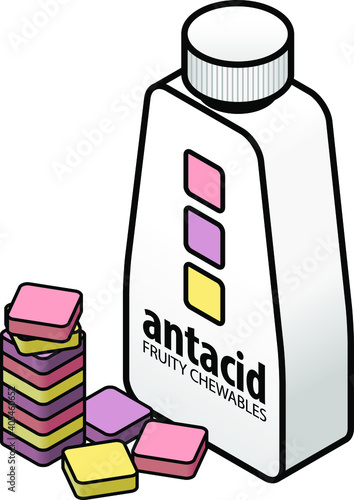 A bottle and colourful fruit flavoured chewable tablets of antacid.
