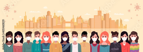 Group people wearing protection medical face mask to protect and prevent corona virus, disease, flu, air pollution, contamination.Vector illustration sunset city