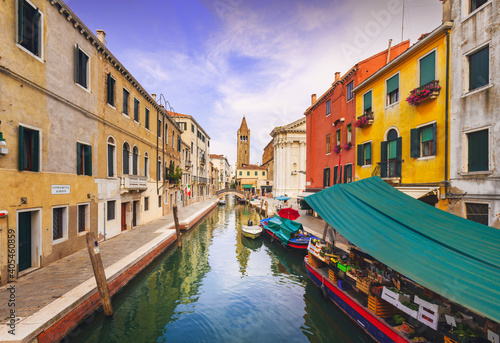 Venice rio San Barnaba cityscape, water canal, church and boats. Italy © stevanzz