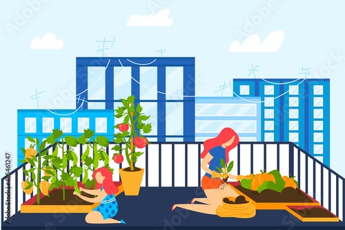 House balcony garden vector illustration. Cartoon flat gardener family people working, mother kid planting vegetables in loggia terrace of home apartment, housework or urban gardening hobby background