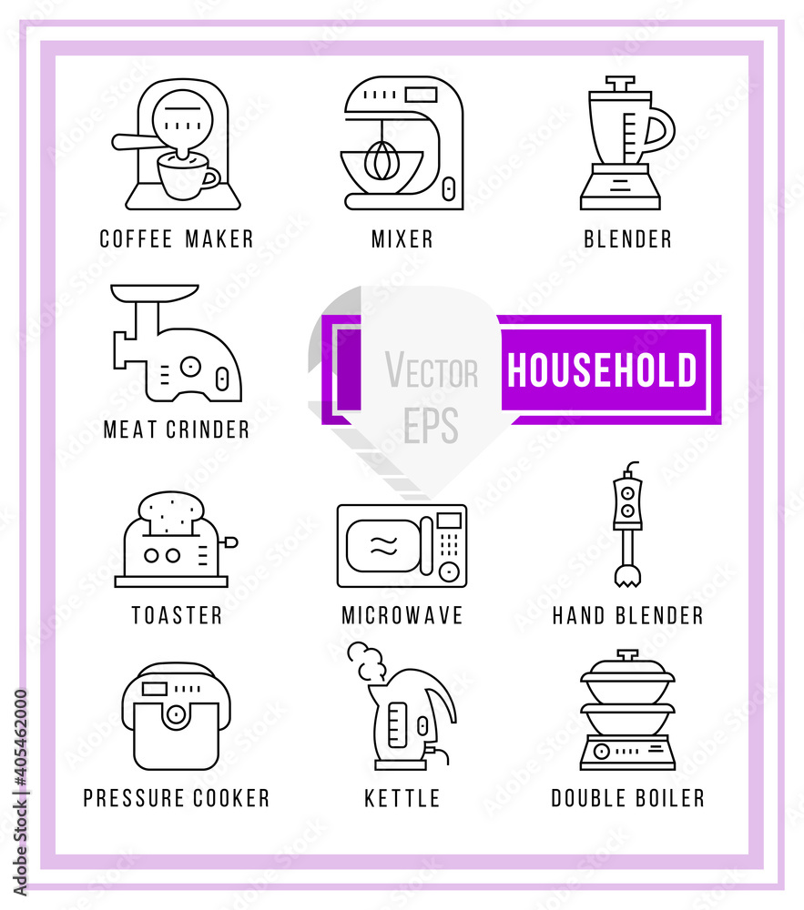 A vector collection of home appliance icons and line illustrations.