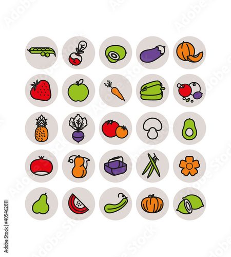 Collection symboles fruits et légumes, maraîcher, producteur, primeur, marché